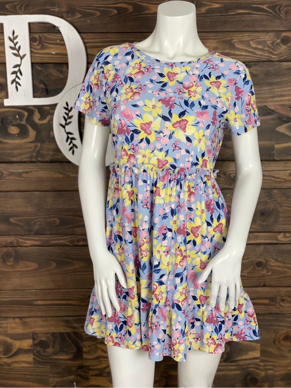 As U Wish | Light Blue Floral Mini Dress Colorful Yellow & Pink Accents Ruffles
